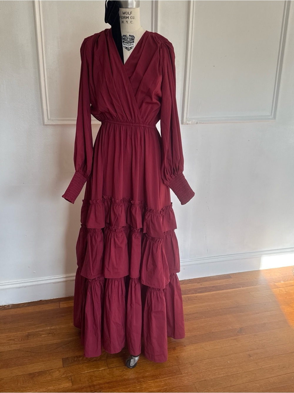 Women's Long Sleeve Tiered Maxi Dress in Wine
